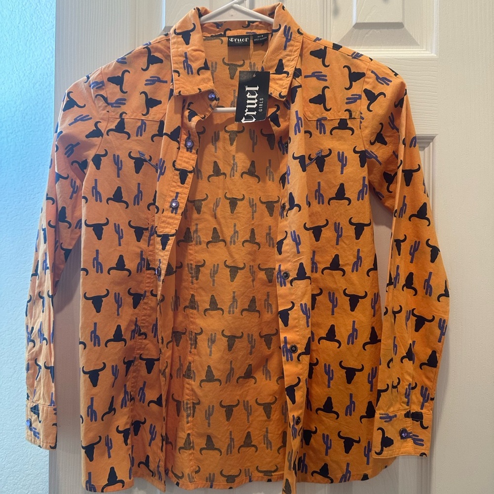 Cruel Girl Orange Shirt with Blue Cactus and Bull Design